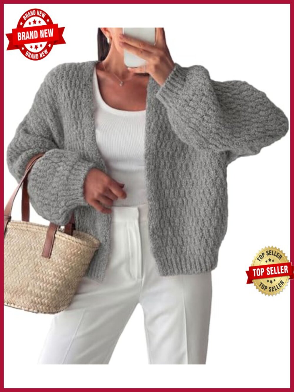 Women's Chunky Knit Open Front Cardigan Shawl Neck Lantern Sleeve